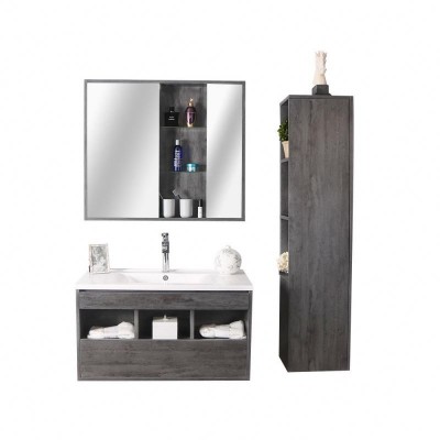 Modern european style hotel waterproof pvc melamine bathroom mirror light cabinet furniture vanity wall mounted sink cabinet